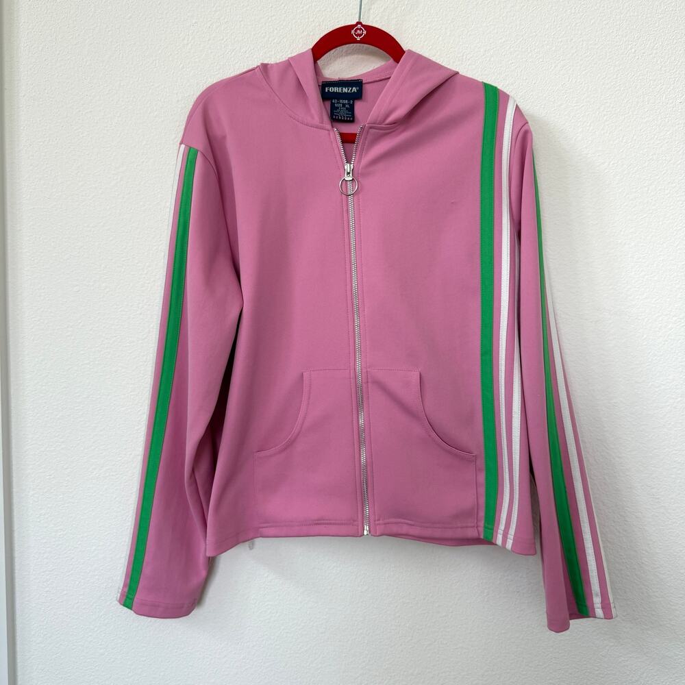 Forenza Vintage Pink Hoodie Jacket XL 80s Retro Y2K Striped Zip Up‎ Rare